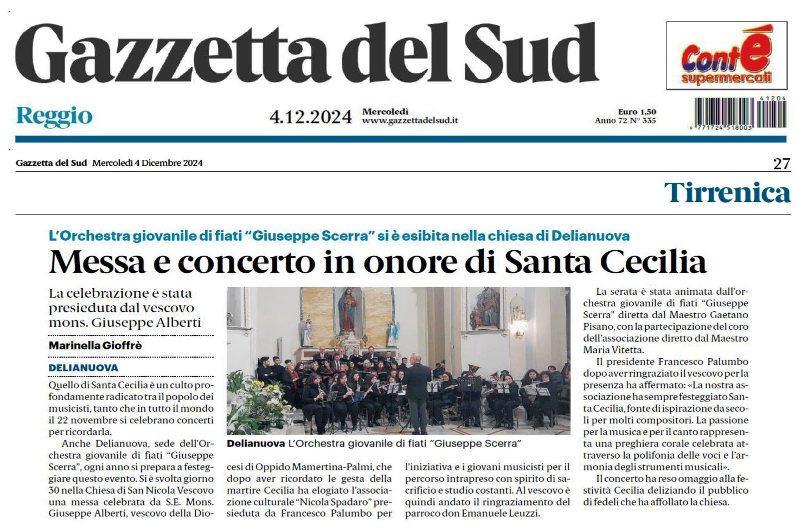 Messa e concerto in onore di Santa Cecilia del 30 novembre 2024