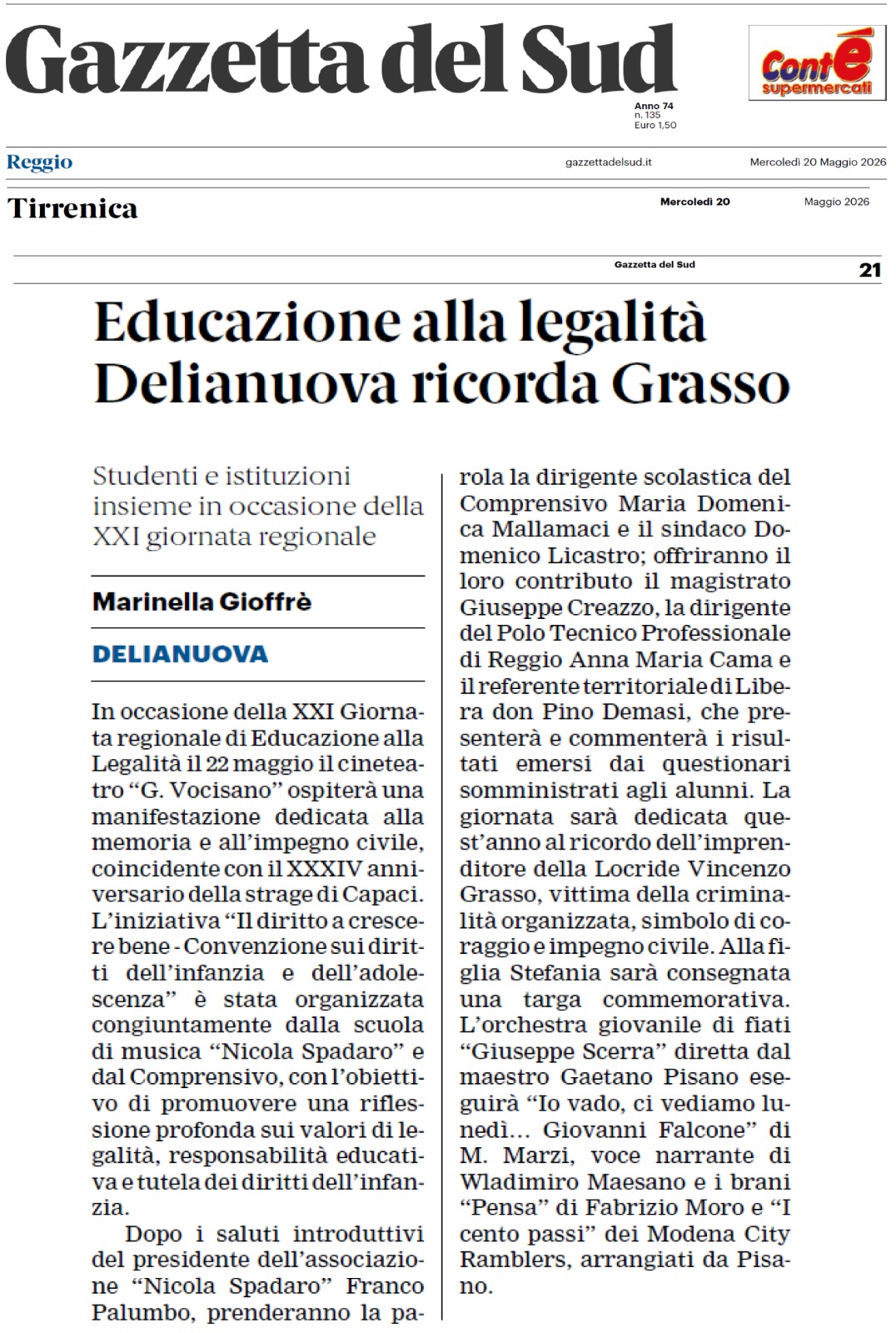 Educazione alla legalità e ricordo di Vincenzo Grasso